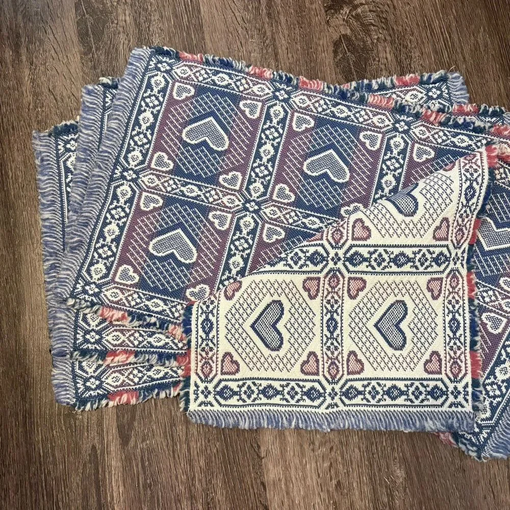 Vtg Placemats 4 Heart Reversible 80's Style Fringe Granny Cottage Core Pink Blue